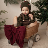 Child in a brown outfit sitting in a small wooden cart with a Christmas wreath and tree in the background.