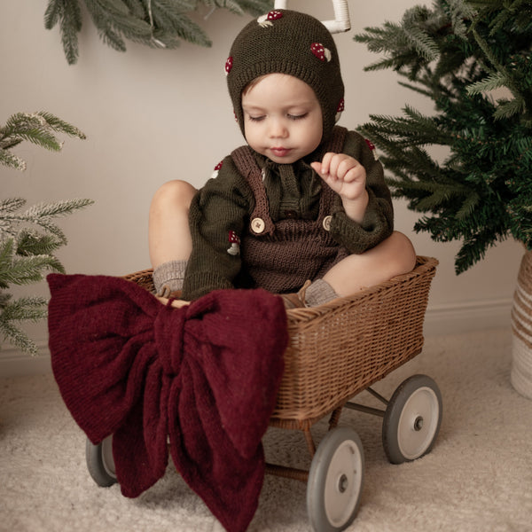 Child in a brown outfit sitting in a small wooden cart with a Christmas wreath and tree in the background.