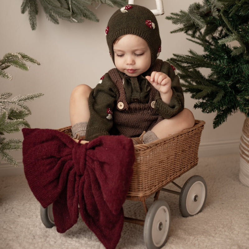 Child in a brown outfit sitting in a small wooden cart with a Christmas wreath and tree in the background.