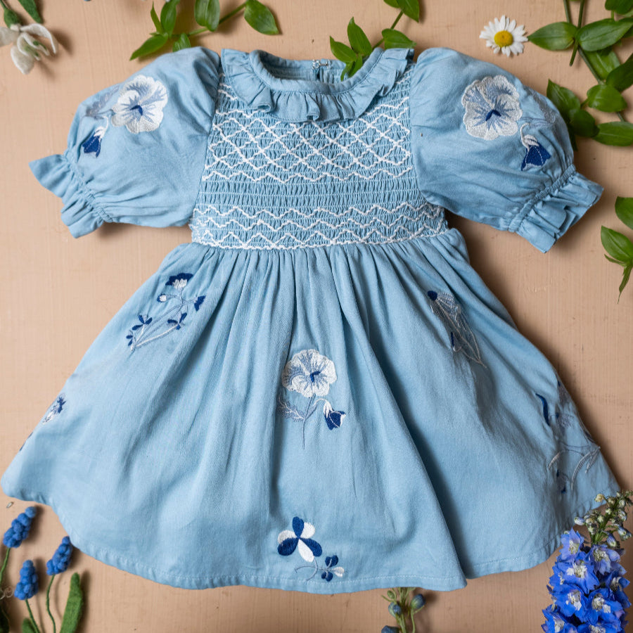 blue floral baby dress Baby Girl Embroidery Floral Dress in Dusty Blue 12/18mos Bodysuit/Dress main image 1
