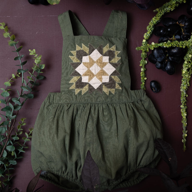 green patchwork romper for kids on grape background surrounded with fruit and plants