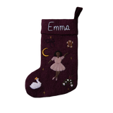 Fully handcrafted dark grape holiday stocking featuring a personalized embroidered ballerina and enchanting holiday motifs, made from 100% wool.