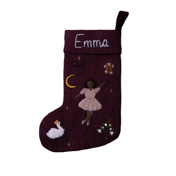 Fully handcrafted dark grape holiday stocking featuring a personalized embroidered ballerina and enchanting holiday motifs, made from 100% wool.