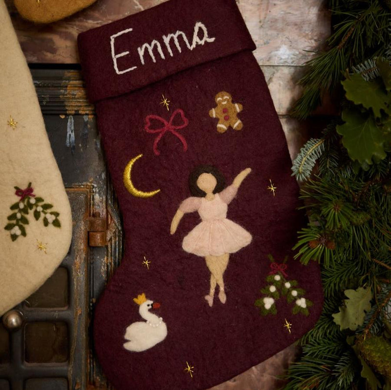 Dark grape holiday stocking with personalized ballerina and holiday motifs displayed in a festive setting, adding elegance to your Christmas decor.