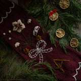 Decorative Christmas stocking with floral and berry patterns on a green leaf background.
