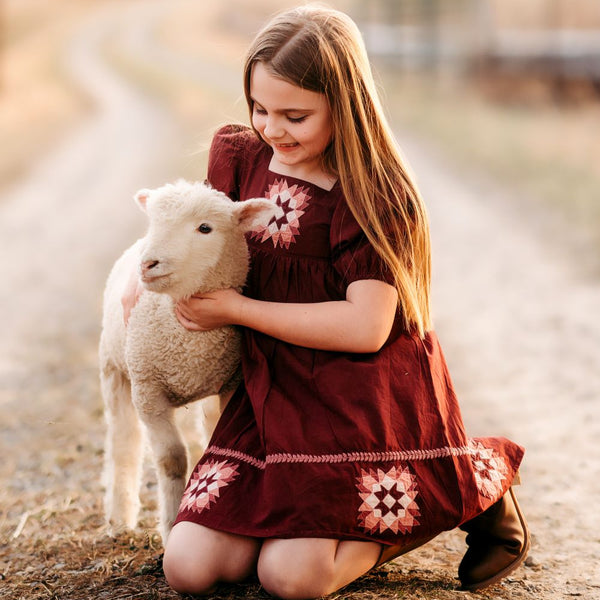 Young girl in a red dress holding a lamb on a dirt road.