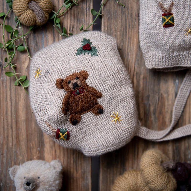 knitted and embroidered teddy bonnet for babies and kids