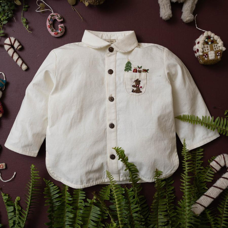 white shirt for little boys with embroidered teddy and christmas motifs on the pocket