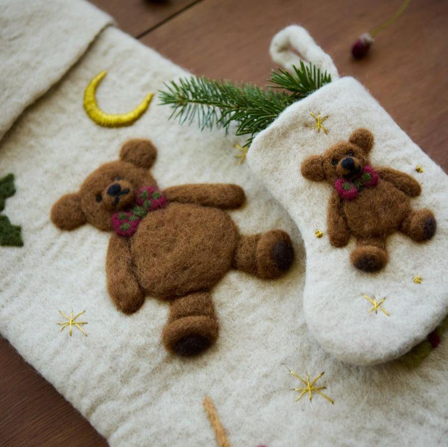 Teddy Bear Embroidered Holiday Stocking – Cream White, 100% Wool