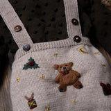 knitted suspender shorts for kids with hand embroidered teddy and other holiday motifs with tucked bubble sweater