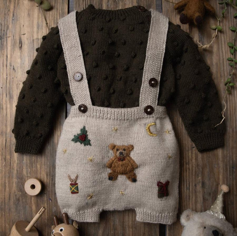 knitted suspender shorts for kids with hand embroidered teddy and other holiday motifs with tucked bubble sweater