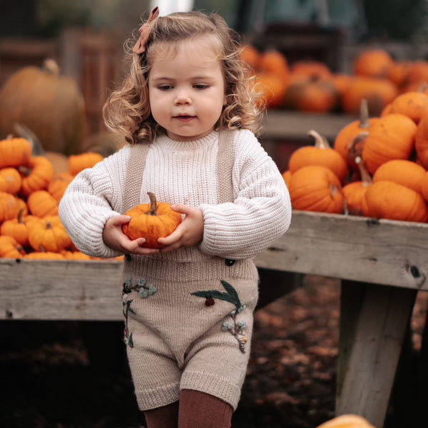 child holds a pumpkin while wearing knitted and embroidered suspender shorts with embroidered woodland motifs