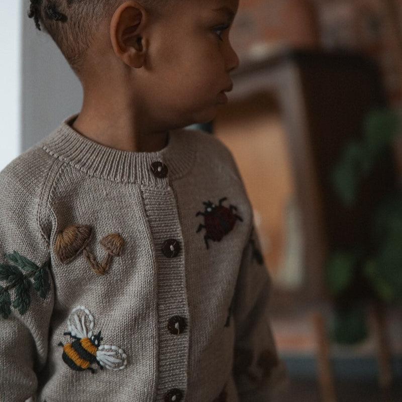 little boy wearing knitted and embroidered bugs life cardigan for children