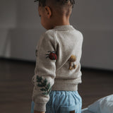 little boy wearing knitted and embroidered bugs life cardigan for children