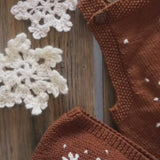 Close-up video highlighting the detailed craftsmanship of a knitted bonnet and sweater, showcasing intricate patterns and textures.