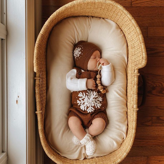 Baby sleeping in a wooden basket, wearing a hand-knitted caramel-colored romper with a large embroidered snowflake and scattered snow details, showcasing the soft merino wool and adjustable straps.