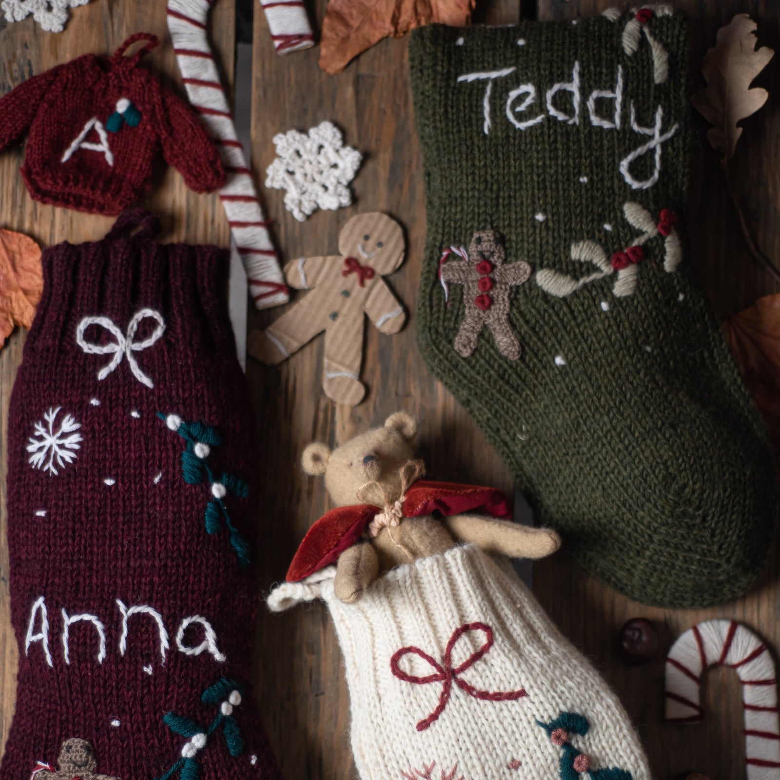 Personalized Gingerbread Stocking - Moss | Festive Knitted Wool