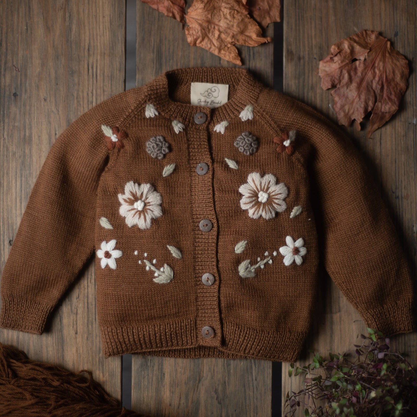 Flora Cardigan – Caramel | Hand-embroidered vegan cotton cardigan