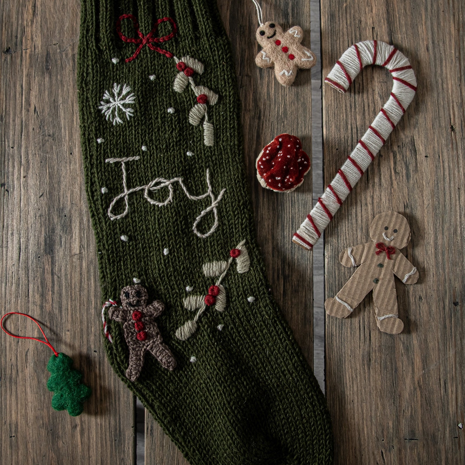 Gingerbread Stocking - Moss Knitted Woolen Christmas Decor