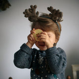 little boy in christmas sweater and cotton made christmas antlers(hairband)