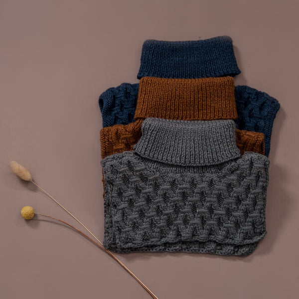 hand knitted smock neck warmer in dark grey, caramel and navy