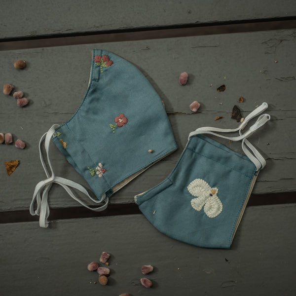embroidered face masks for mama and child in blue