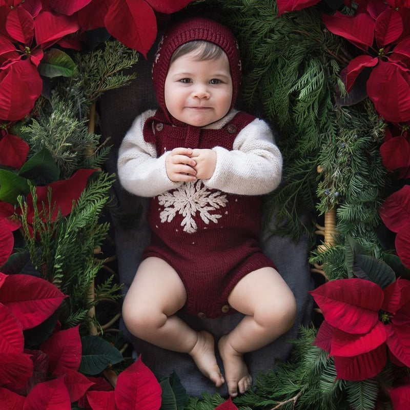 Baby in a crib wearing a dark grape snowflake bonnet and matching romper, surrounded by Christmas poinsettias in a festive ambient.