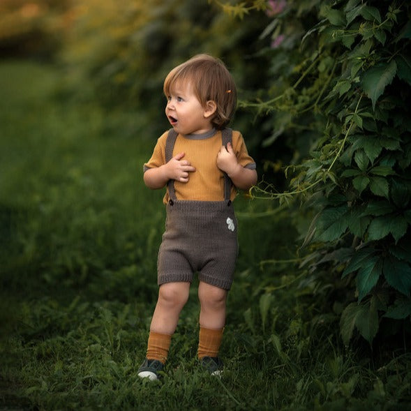 baby boy wearing hand knitted suspender shorts in nutty brown with bird badge