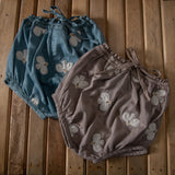 flat lay picture of baby bloomers in duck blue with bird and taupe with bird